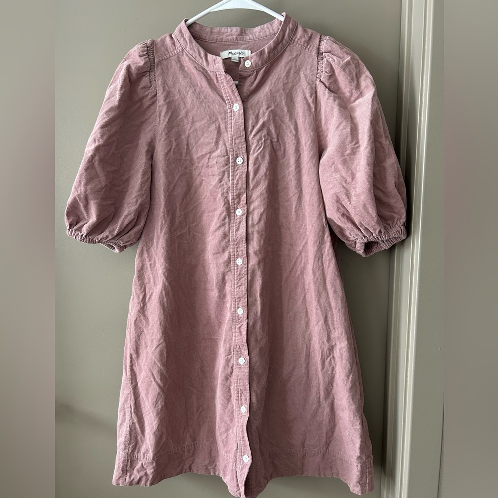 Madewell Dusty Pink Mauve Corduroy Puff Sleeve Mini Shirt Dress XXS Valentine’s
